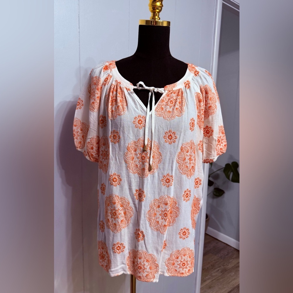 #5)  Cupio White and Orange embroidered Floral Blouse